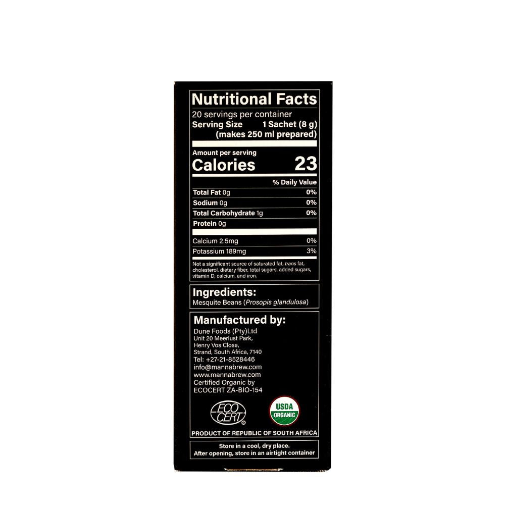 Nutritional facts label on the back of a 20 sachet mannabrew box