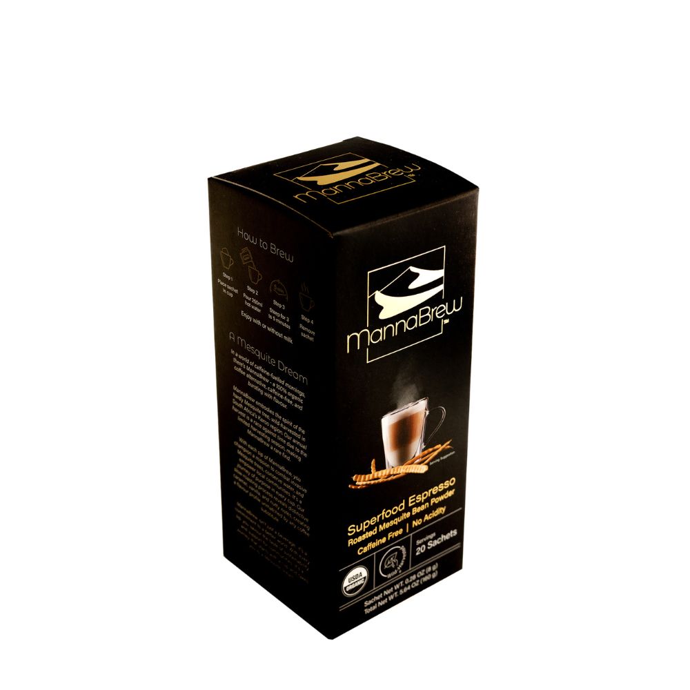 MannaBrew esspresso 20 Sachet packaging on a white background