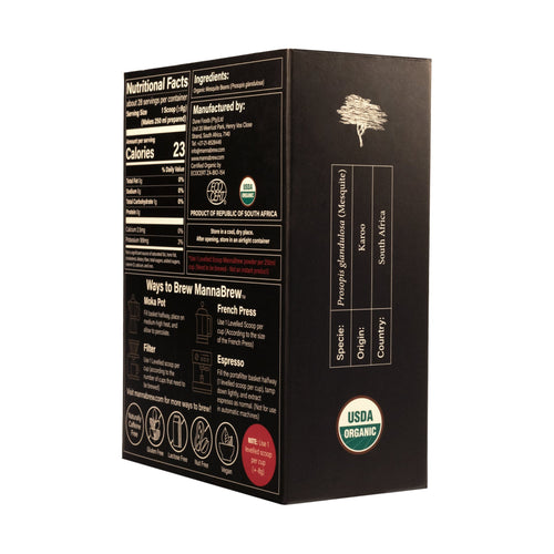 Side view of a black MannaBrew 226g packaging with product information
