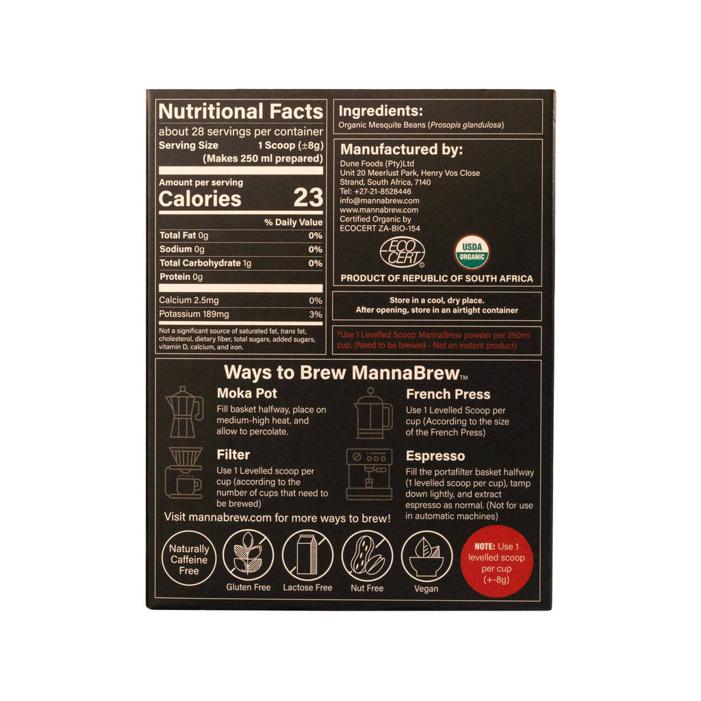 Back label of MannaBrew product with nutritional facts and brewing instructions on a white background