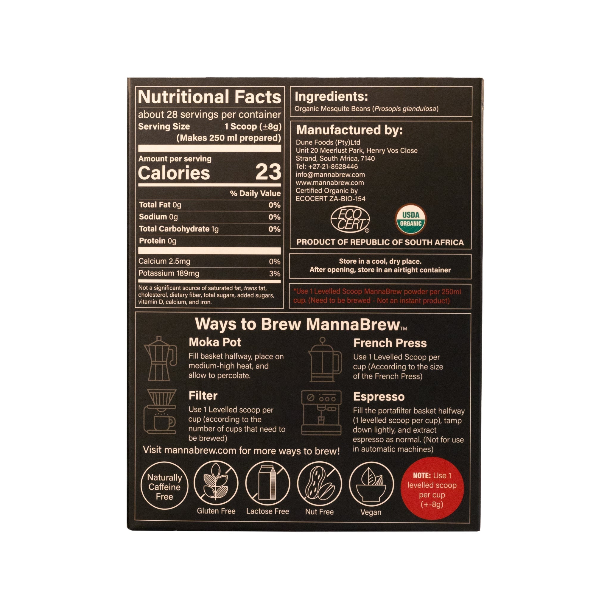 Back label of MannaBrew product with nutritional facts and brewing instructions on a white background