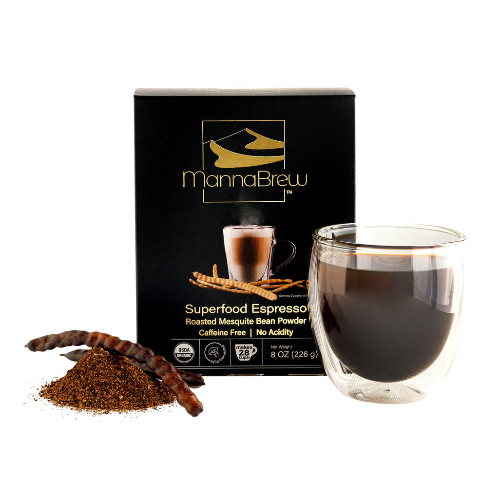 MannaBrew Superfood Espresso packaging with a glass of espresso and mesquite beans on a white background