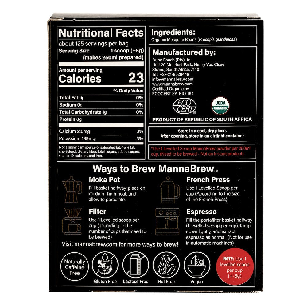 Back of a MannaBrew package with nutritional facts, ingredients, and brewing instructions.
