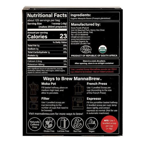 Back of a MannaBrew package with nutritional facts, ingredients, and brewing instructions.