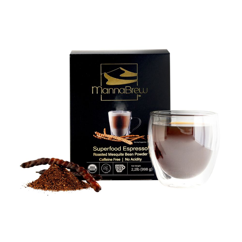 MannaBrew superfood espresso packaging with a glass of espresso and mesquite grounds on a white background