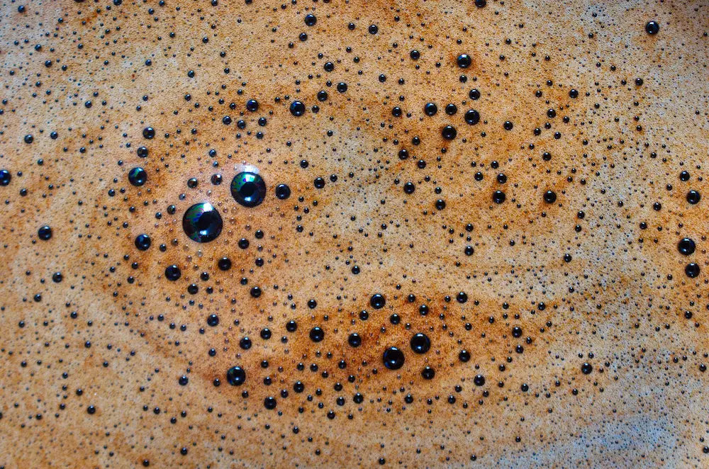 Close up of a foamy, milky mannabrew esspresso drink.