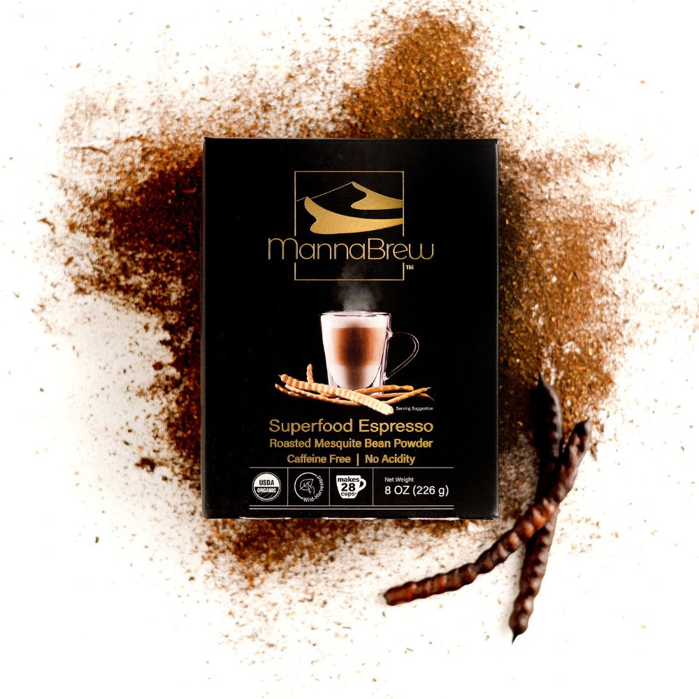 MannaBrew 226g packaging with mesquite powder on a white background